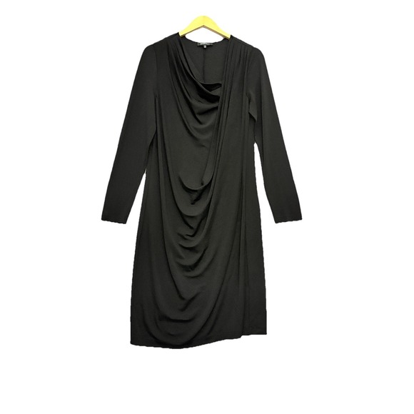 Lafayette 148 NY Black Dress Womens XL Draped Midi Faux Wrap Black Long Sleeve - Picture 1 of 6